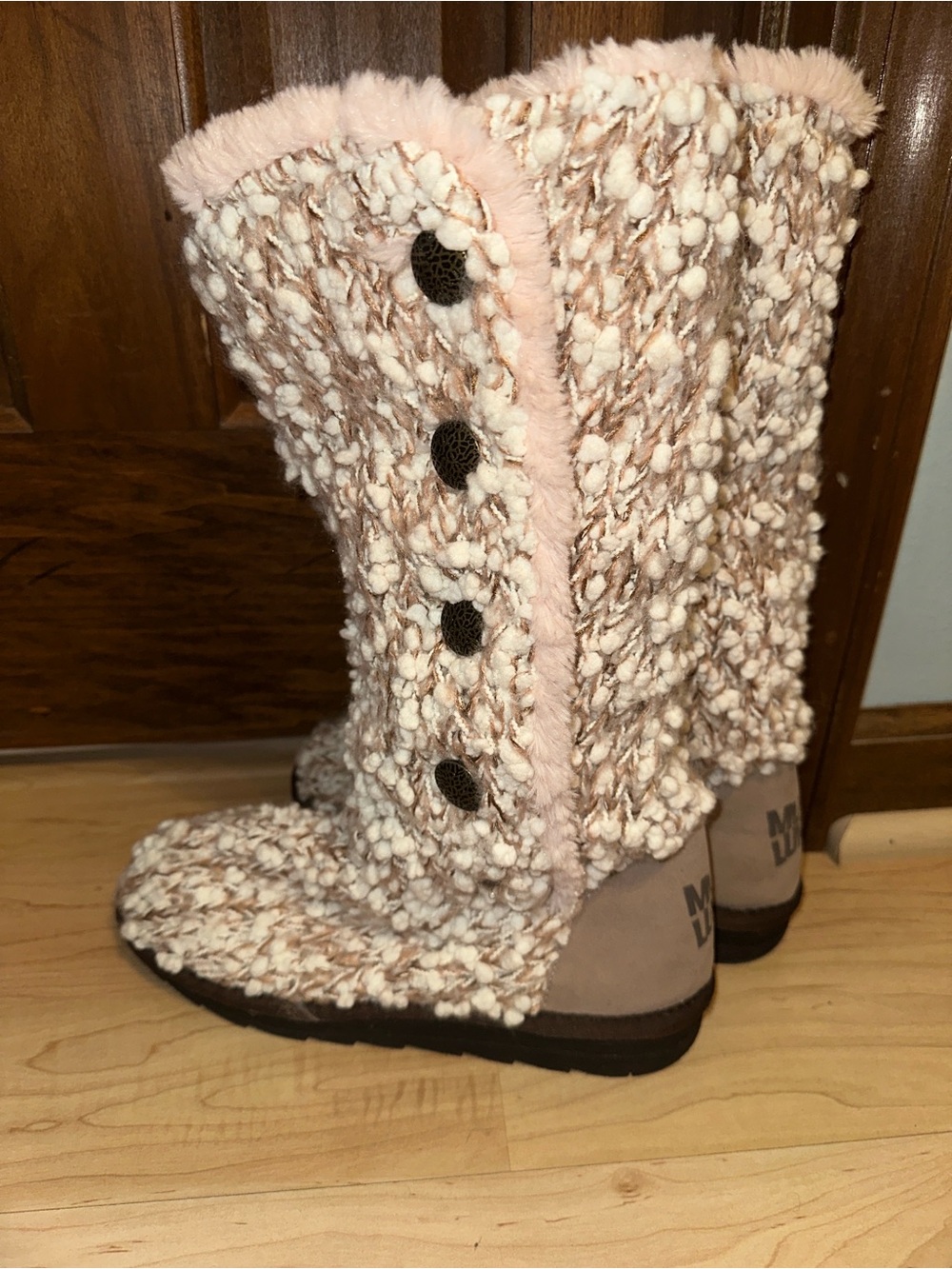 Muk Luks Women's Knit Button-Accent Tall Boots in Light Pink and Cream